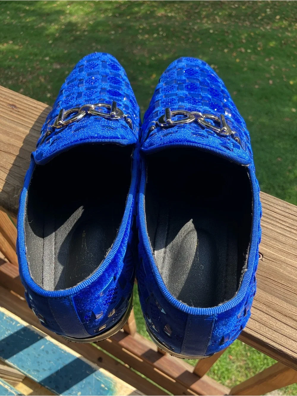 Enzo Romeo Men's Electric Blue Velvet Loafers with Silver Hardware